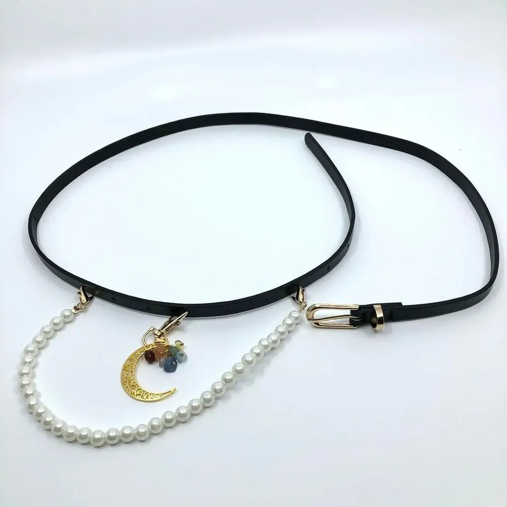 Y2K Celestial Black Faux Leather Pearl Moon Belt, Fits 33–35 Inches, X7GA1232